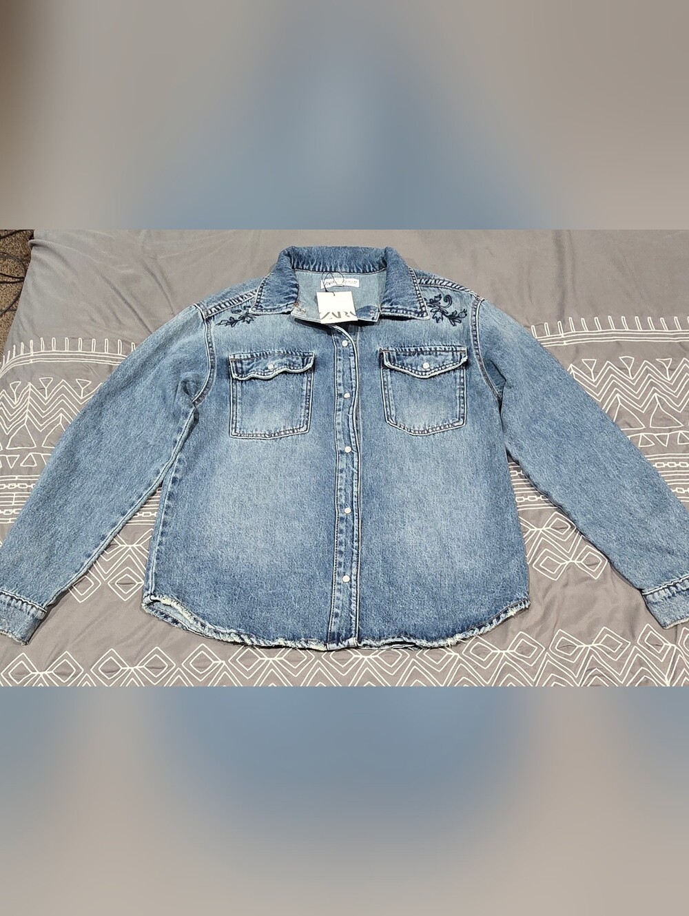 Zara Kids Denim Embroidered Button Down Shirt Size Youth 13/14